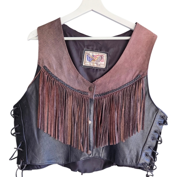 Leather wear Jackets & Blazers - Vintage western biker Fringed Leather Vest with Lace-Up Sides L/XL
